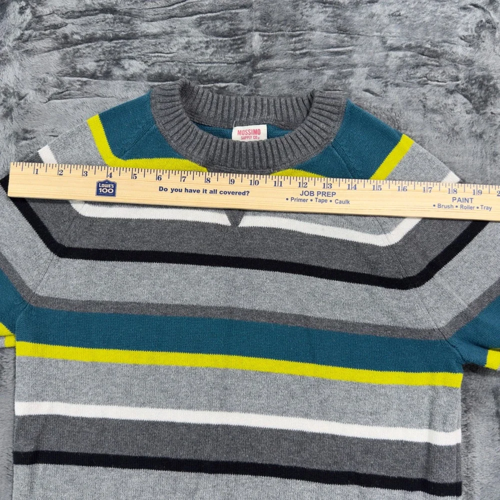 Mossimo Mens Small Striped Cotton‎ Crewneck Sweater Grey Teal Neon Yellow
